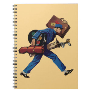 Cuaderno Bellhop vintage en uniforme, maleta y club de golf