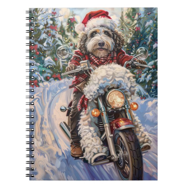 Cuaderno Bernedoodle Dog Riding Motorcycle Christmas (Frente)