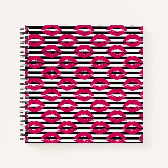 Cuaderno Beso de lápiz labial B&W patrón a rayas (Anverso)