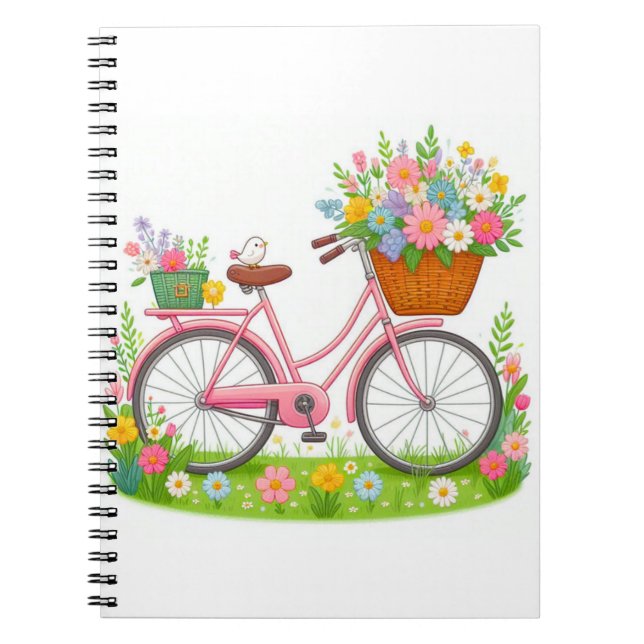 Cuaderno Bicicleta de primavera con flores y pájaro (Frente)