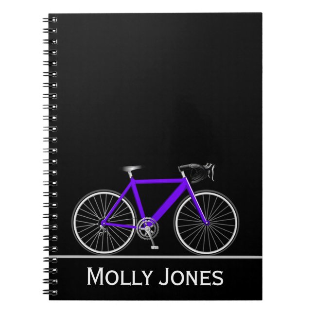 Cuaderno Bicicleta púrpura con nombre en negro (Frente)