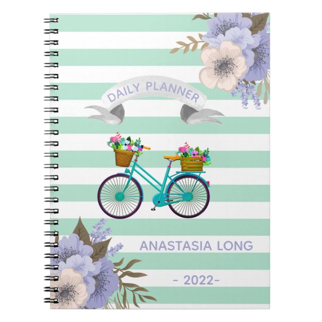 Cuaderno Bicycles de flores azules modernas (Frente)