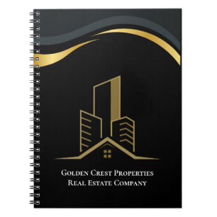 Cuaderno Bienes Raíces Personalizados de Lujo Negro y Dorad