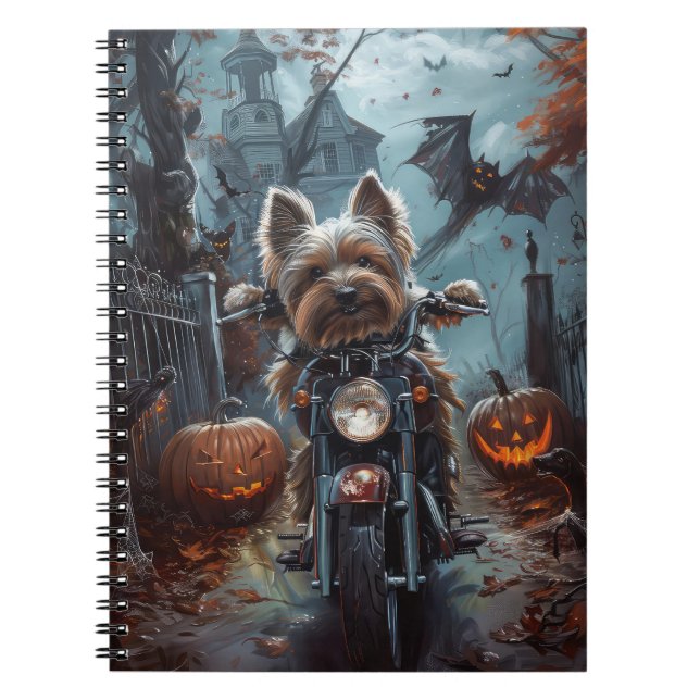 Cuaderno Biewer Terrier montando motocicleta Halloween ater (Frente)