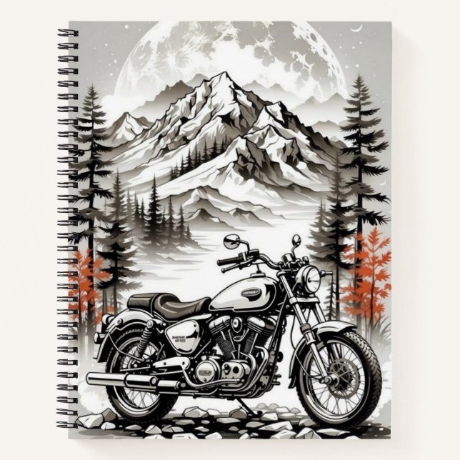 Cuaderno Biker's Mountain Retreat: Motorcycle Under moon (Anverso)