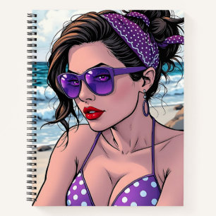 Cuaderno Bikini morado, gafas de sol y mujer andana