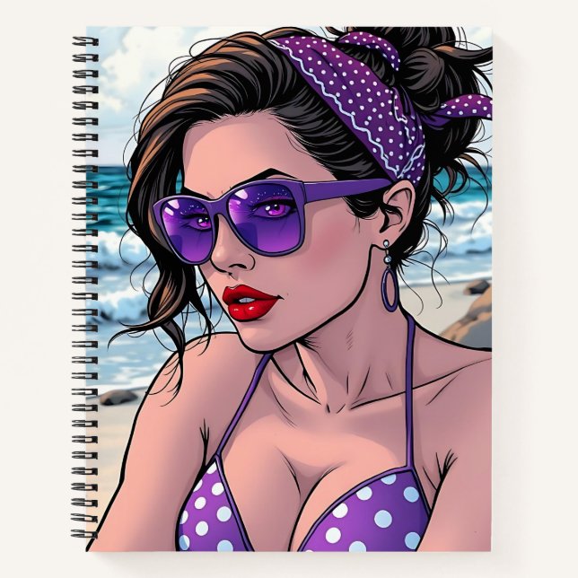 Cuaderno Bikini morado, gafas de sol y mujer andana (Anverso)
