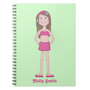 Cuaderno Bikini rosa, piel clara con cabello castaño y ojos