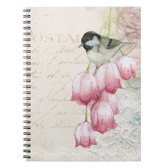 Cuaderno Bird and Flowers with Handwriting Shabby Vintage (Frente)