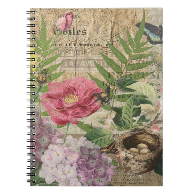 Cuaderno Bird Nest Floral Jardín Flor Mariposa Arte (Frente)