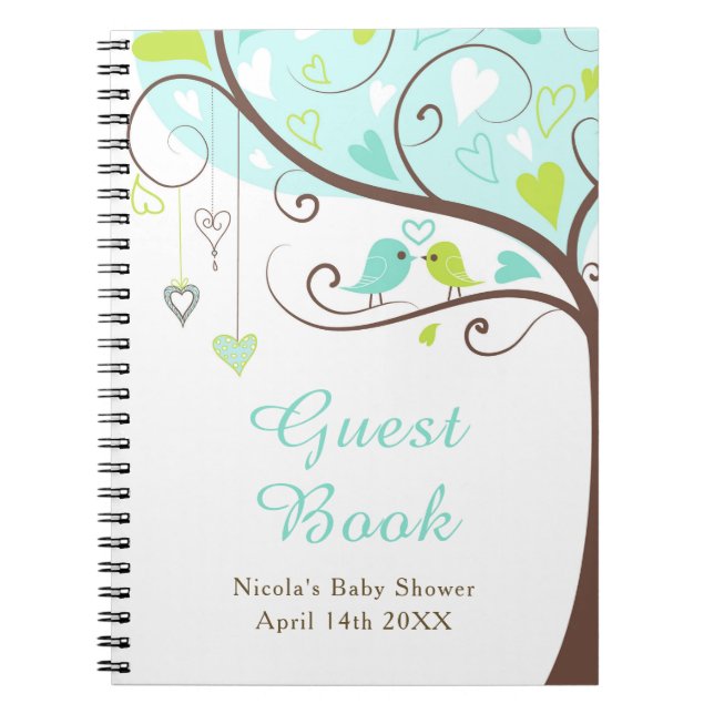 Cuaderno Birds Hearts Tree Blue and Green Baby Shower (Frente)