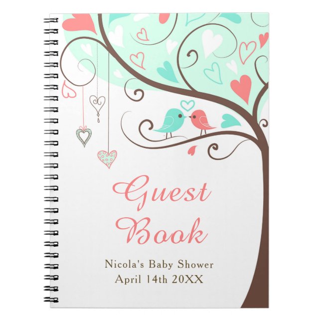 Cuaderno Birds Hearts Tree Mint and Coral Baby Shower (Frente)