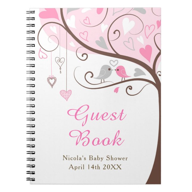 Cuaderno Birds Hearts Tree Pink Baby Shower (Frente)