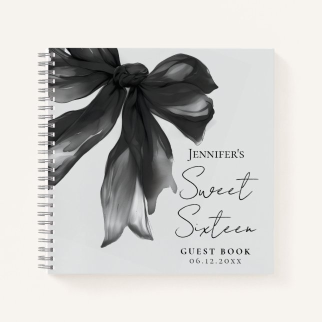 Cuaderno Black Bow Coquette Script Sweet 16 Guest Book Grey (Anverso)