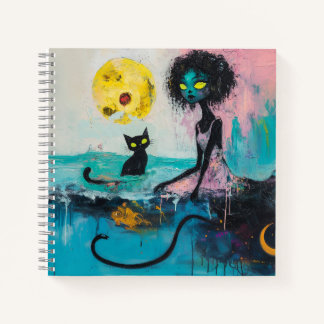 Cuaderno Black Cat Moon Ocean Pink Magical Witchen Arte de 
