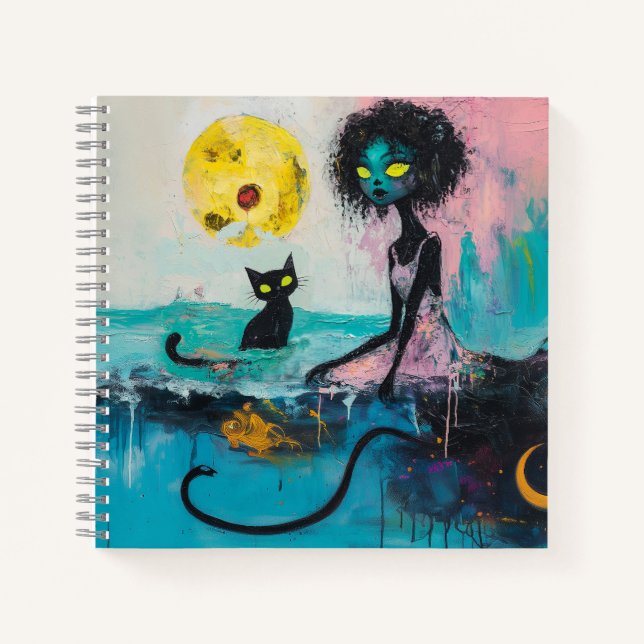 Cuaderno Black Cat Moon Ocean Pink Magical Witchen Arte de  (Anverso)
