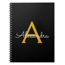 Cuaderno Black Gold Modern Script Girly Monograma Nombre