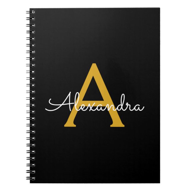 Cuaderno Black Gold Modern Script Girly Monograma Nombre (Frente)