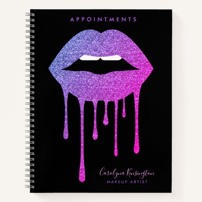 Cuaderno Black Hot Pink Purple Dripping Glitter Lips Makeup (Anverso)