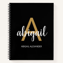 Black Modern Girly Gold Monograma Nombre