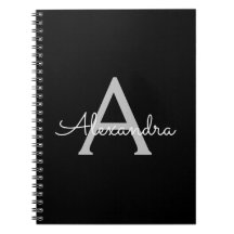 Black Silver Modern Script Girly Monograma Nombre