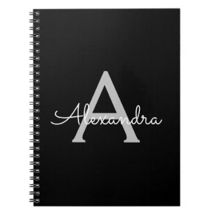 Cuaderno Black Silver Modern Script Girly Monograma Nombre