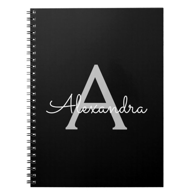 Cuaderno Black Silver Modern Script Girly Monograma Nombre (Frente)
