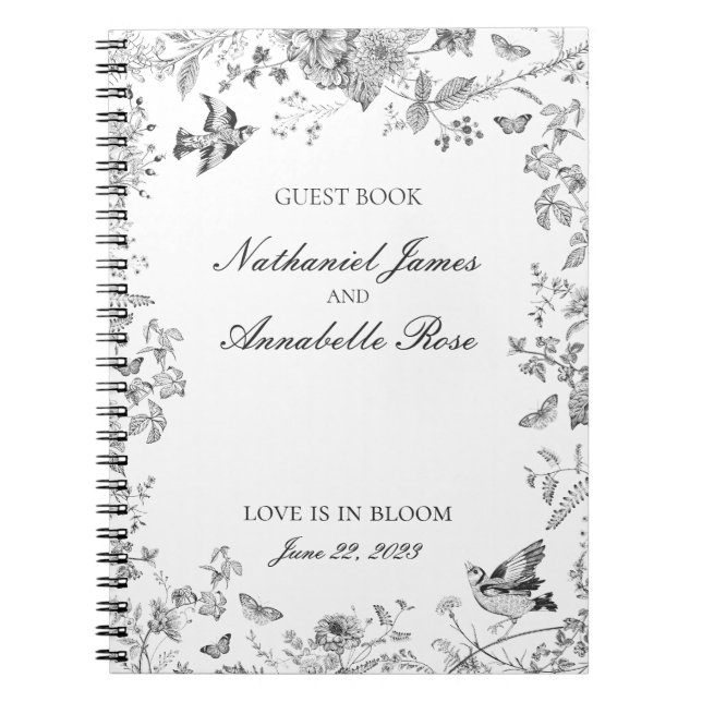 Cuaderno Black Toile De Jouy Floral Wedding Guest Book (Frente)
