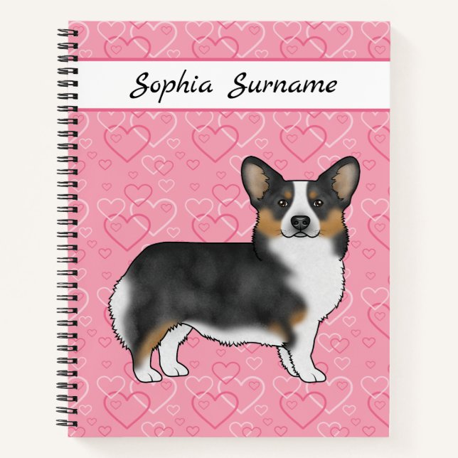 Cuaderno Black Tri Pembroke Welsh Corgi Corazones Con Nombr (Anverso)