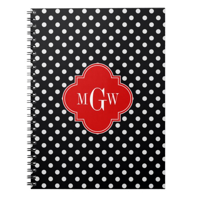 Cuaderno Black White Polka Dots Red Quatrefoil 3 Monograma (Frente)