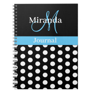 Cuaderno Black White Sky Blue Monograma Script Puntos Polka