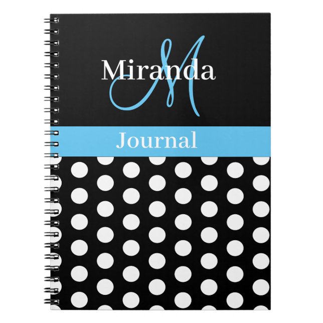 Cuaderno Black White Sky Blue Monograma Script Puntos Polka (Frente)