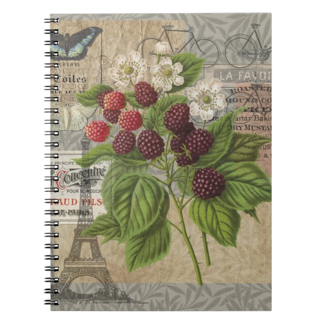 Cuaderno Blackberries Floral Jardín Flor Mariposa Arte (Frente)
