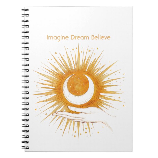 Cuaderno Blanco Imagina Sueño Cree Oro Naranja Sol Mano (Frente)