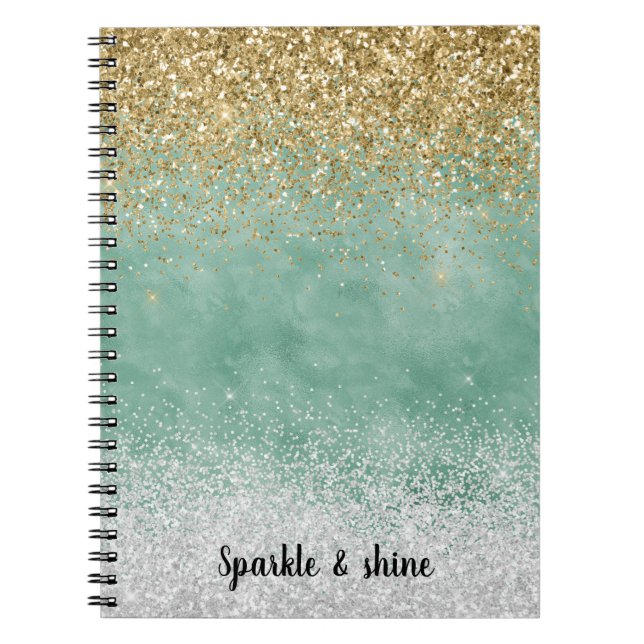 Cuaderno Blanco Menta Glam Dorado Brillo Purpurina (Frente)