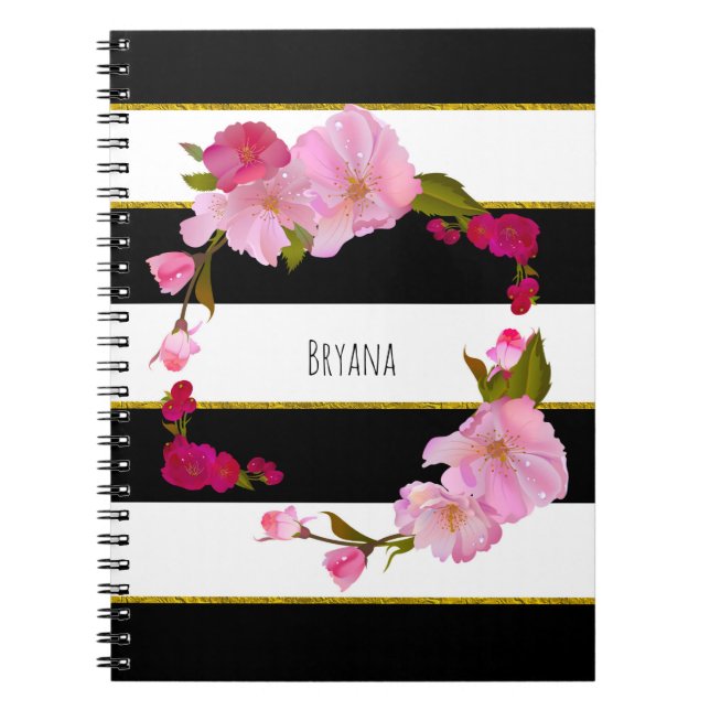 Cuaderno Blanco Negro y Oro Moderno Floral Chic Glam (Frente)