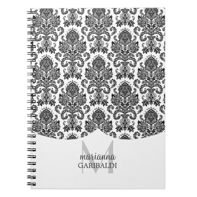 Cuaderno Blanco y negro moderno del damasco personalizado (Frente)