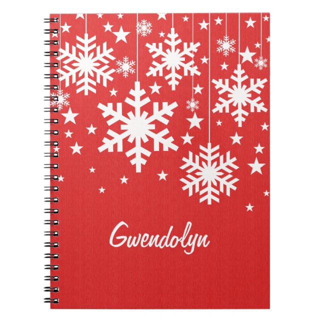 Cuaderno Bloc de notas con copos de nieve y estrellas, rojo (Frente)