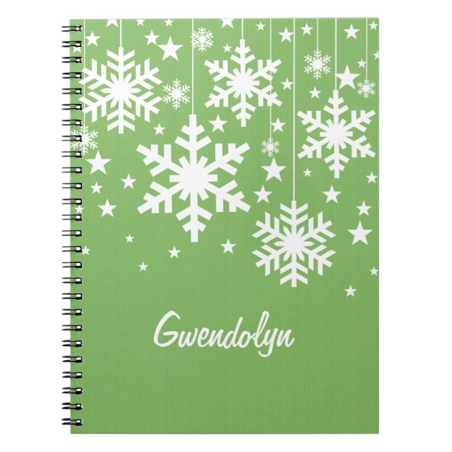 Cuaderno Bloc de notas con copos de nieve y estrellas, verd (Frente)
