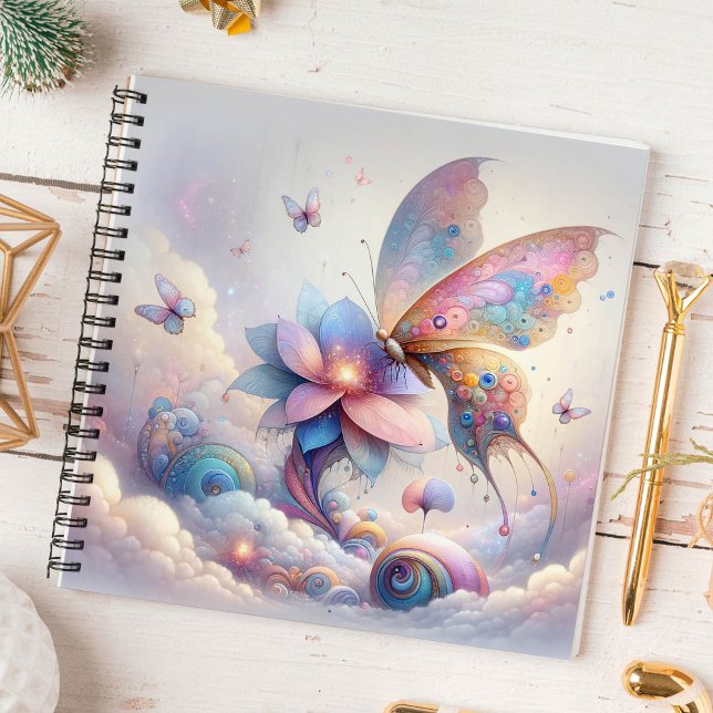 Cuaderno Bloc de notas con espiral de mariposa encantado (Butterfly notebook mystical flower pastel pink, blue purple)
