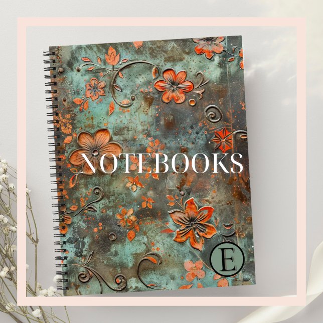 Cuaderno Bloc de notas con espiral floral levantado por Nar (METALLIC DUSKY BLUE & TANGERINE CUSTOM NOTEBOOK)