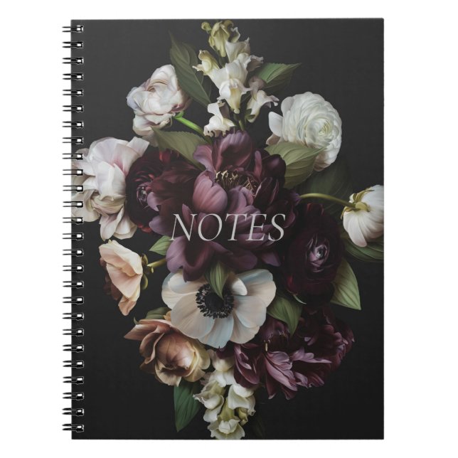 Cuaderno Bloc de notas con espiral floral oscuro y devorado (Frente)