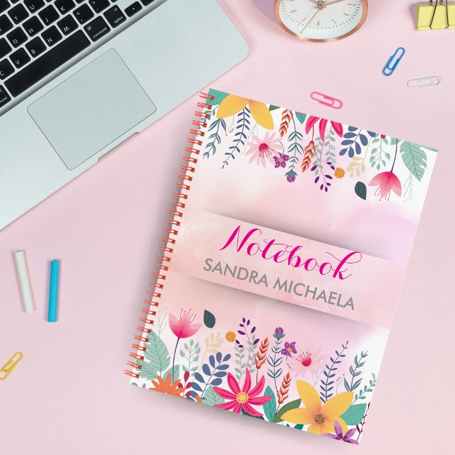 Cuaderno Bloc de notas con flor rosa y verde personalizado  (Custom Pink & Green Floral Notebook with Name)
