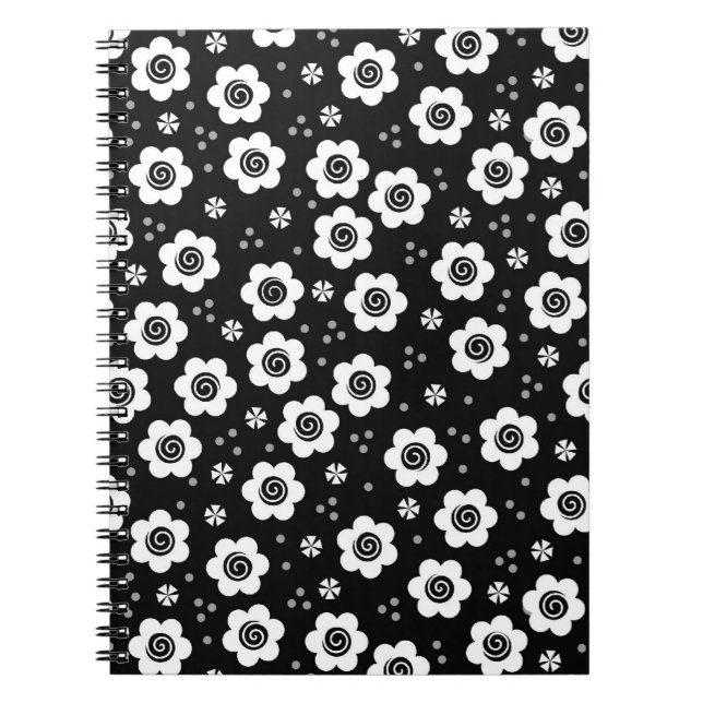 Cuaderno Bloc de notas con flores blancas negras (Frente)