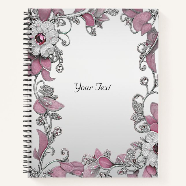 Cuaderno Bloc de notas con flores blancas rosadas plateadas (Anverso)