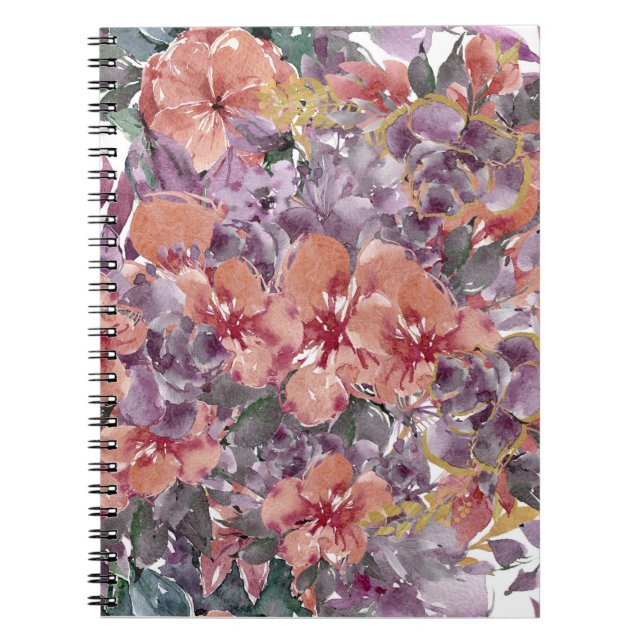 Cuaderno Bloc de notas con flores naranja y púrpura (Frente)