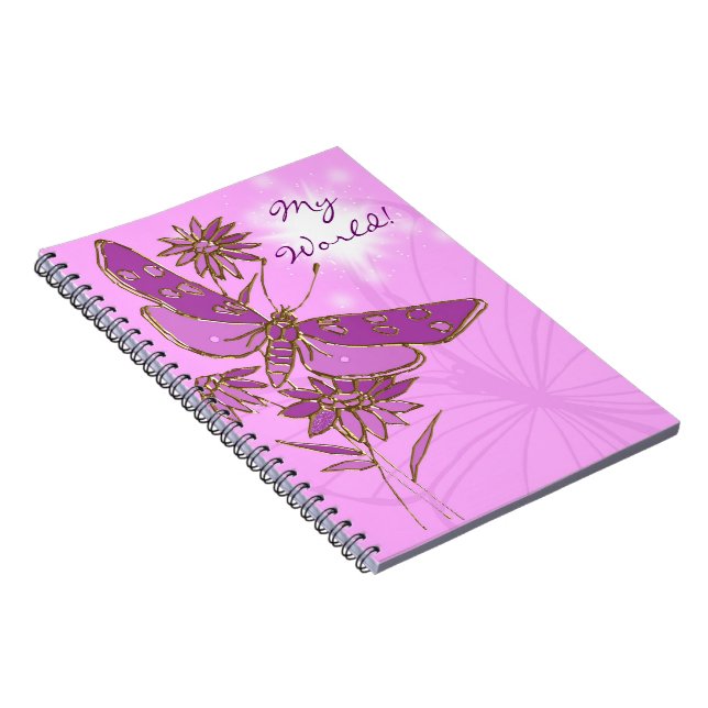 Cuaderno Bloc de notas con mariposa púrpura rosa (Lado Derecho)