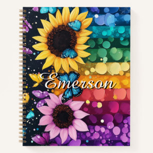 Cuaderno Bloc de notas con mariposas arcoiris y girasoles