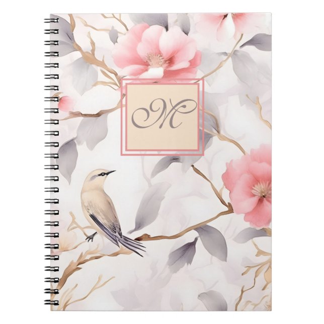 Cuaderno Bloc de notas con monograma floral rosa (Frente)