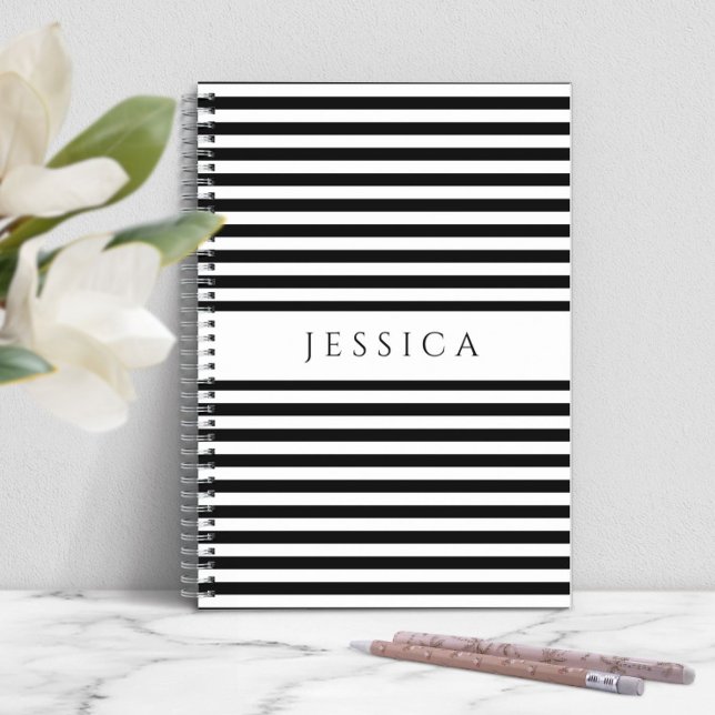 Cuaderno Bloc De Notas Con Nombre De Patrón De Rayado Blanc (Personalized Black And White Stripes Notebook)